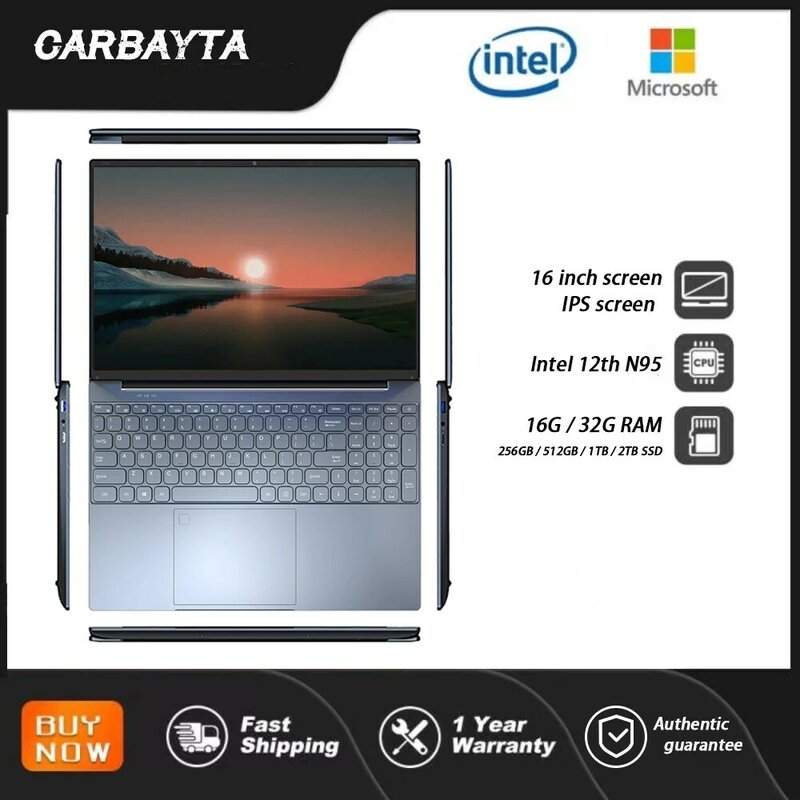 CARBAYTA Laptop kantor Windows 11, notebook murah game Netbook 16 "12 Intel Alder N95 Ram 16GB 32GB DDR4 papan ketik lampu latar