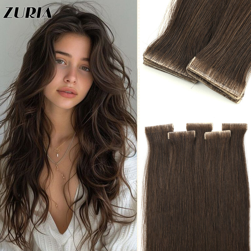 ZURIA PU Skin Weft Tape Hair Extensions 8pcs Invisible Tape In Hair Extensions Straight Remy Human Hair 12" 16" 20" 24"
