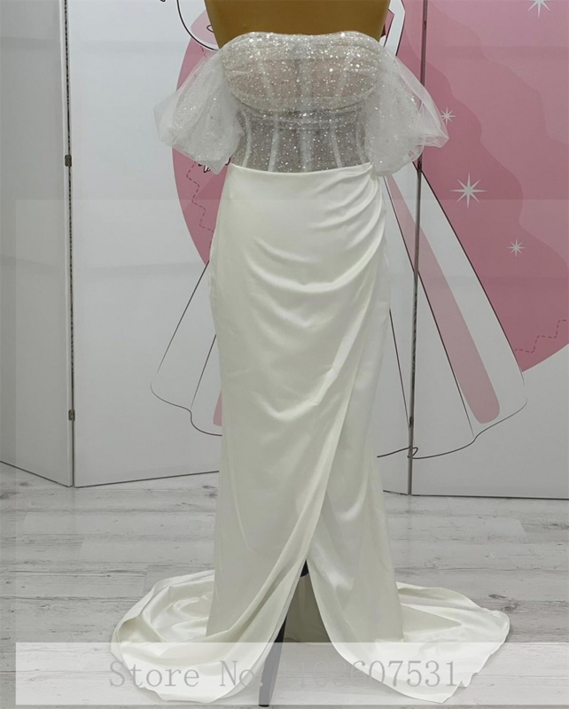 New Sparkly Sequins Pleated Off the Shoulder Satin Wedding Dress for Women Mermaid Court Bridal Prty Gown vestidos de novia