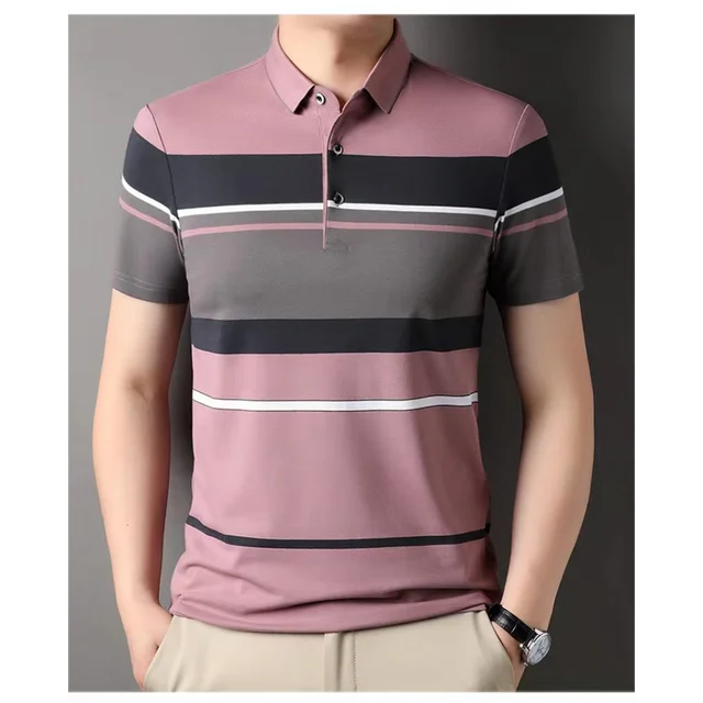 Kaus Polo pria, musim panas bergaris cetak gaya bisnis pakaian kancing kasual pria Streetwear lengan pendek kaus Golf pria