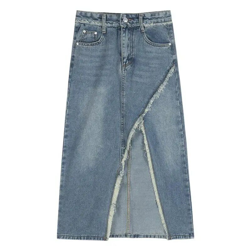 Saia jeans de fenda irregular de cintura alta feminina, jeans feminino, streetwear sexy, comprimento médio, moda, verão