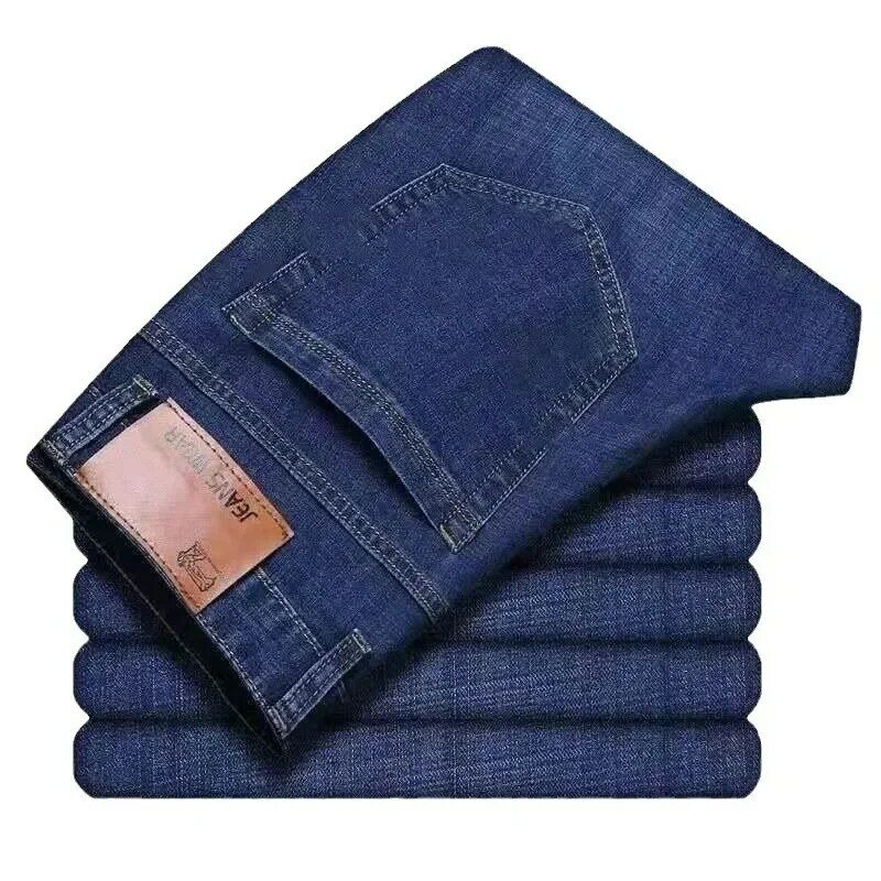Мужские теплые джинсы с флисовой подкладкой, синие длинные брюки в деловом стиле, Классические джинсовые брюки в стиле ретро, повседневные эластичные облегающие джинсы, на осень-зиму