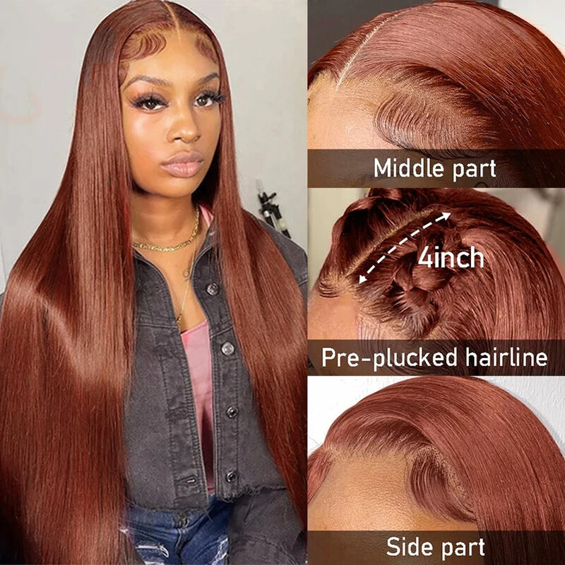 Plelv-peruca de cabelo humano frontal com renda reta para mulheres, linha fina pré-arrancada, perucas frontais 13x4, marrom avermelhado