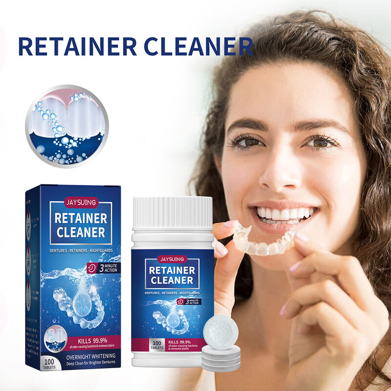 Tableta de limpieza de dentaduras postizas, limpiador de retenedores, cuidado bucal, respiración fresca, Limpieza de manchas de sarro
