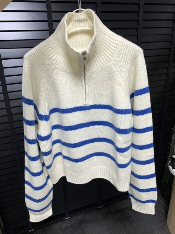 Корейский женский свитер YUQI, свободные свитера на молнии с воротником-стойкой, теплый Полосатый пуловер, вязаные Базовые Женские топы, Осень-зима