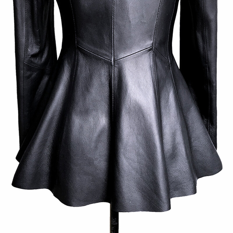 Chaqueta de cuero Pu suave delgada negra para mujer, cuello en V profundo, manga larga abullonada, Blazer elegante con falda de lujo, moda de otoño