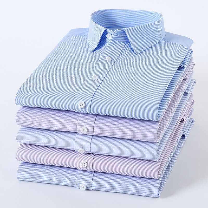Men’s Small Striped Plaid Business Long Sleeve Shirts Elegant Office Formal Dress Shirt Smart Casual Standard Workwear Shirts
