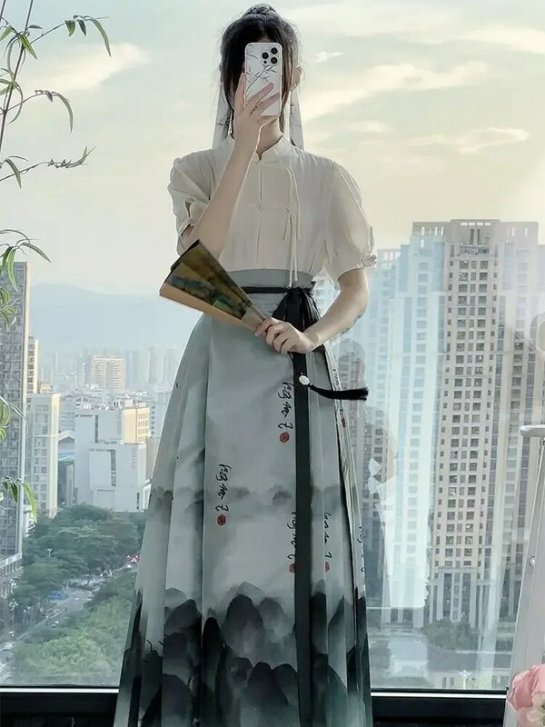 Han Ting Ji Mi Qing Shan Han Fu Female Ming Made Horse Face Skirt Long Shirt New Chinese Daily Chinese Style Commuting Set
