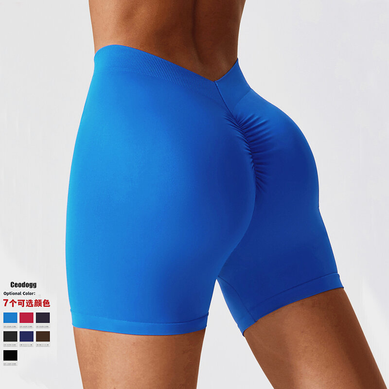 2024 celana pendek Yoga punggung V tanpa kelim kebugaran wanita celana pendek pinggang tinggi latihan lari olahraga lari kerincing elastis untuk wanita