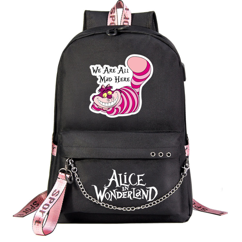 Рюкзак «Алиса в стране чудес» для мальчиков и девочек, школьные ранцы для книг, женский холщовый рюкзак с USB-цепью для ноутбука, мужской портфель для книг с кошкой