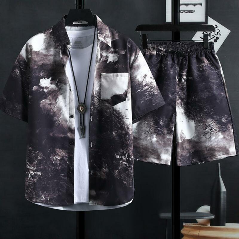 Simple Printed Suit Men's Casual Summer Outfit Set with Short Sleeve Shirt Elastic Waist Shorts Hawaiian Print Lapel Shirt Wide