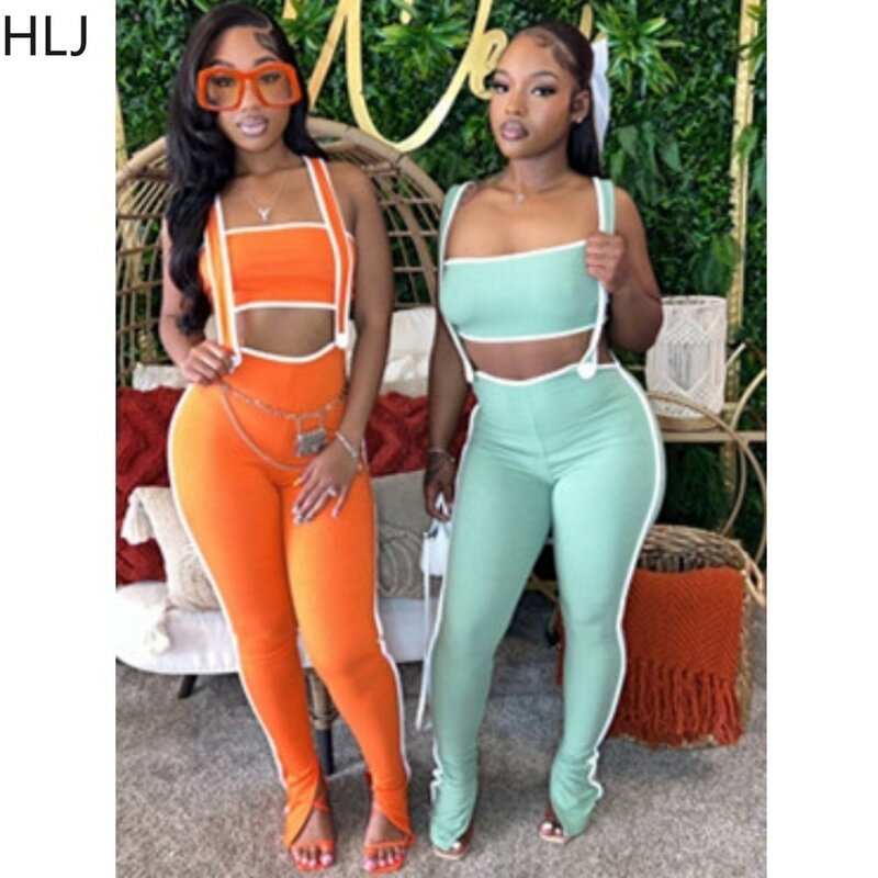 HLJ Fashion Streetwear Women Solid Ribber Sleeveless Backless Tube + Strap Skinny Pants Two Piece Sets Casual Sporty 2pcs Outfit