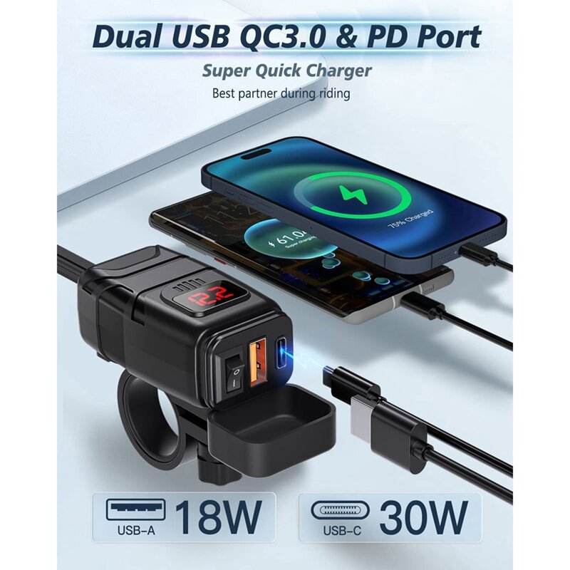 Dual rodzaj USB C ładowarka PD szybkie ładowanie 3.0 ładowarka motocyklowa ładowarka USB z woltomierzem i włącznikiem/wyłącznikiem