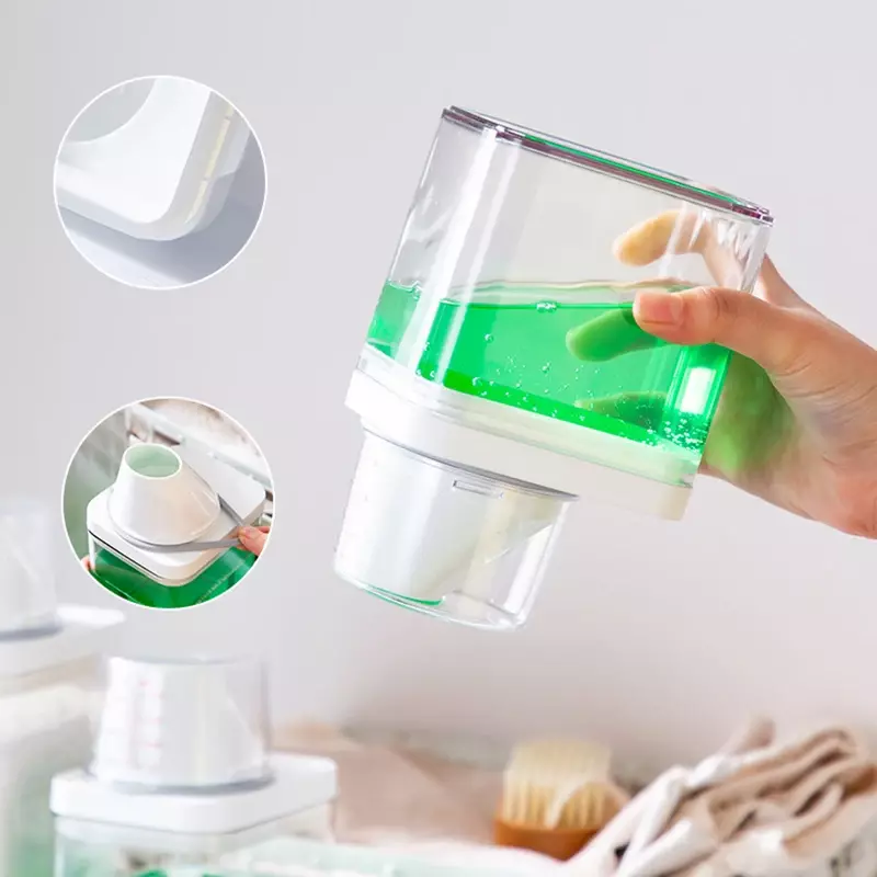 Kotak penyimpanan bubuk deterjen kedap udara wadah bubuk cuci bening dengan gelas pengukur stoples sereal plastik serbaguna