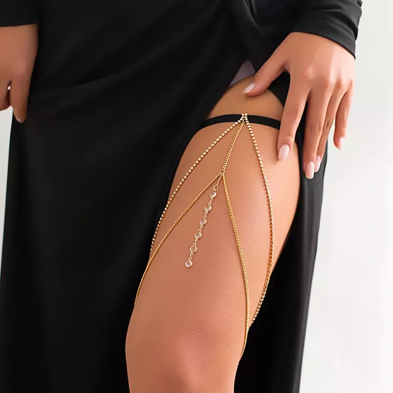Sexy Boho Elastic Band Bandage Leg Thigh Chain for Women Bikini Tassel Multilayer Adjustable Garter Belt Rhinestone Body Jewelry