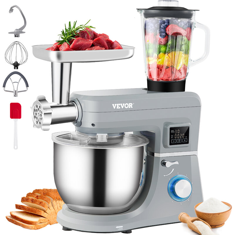 VEVOR 5 IN 1 Stand Mixer 660W Tilt-Head Multifunctional Electric Mixer w/ 6 Speeds LCD Screen Timing 7.4 Qt Stainless Steel Bowl