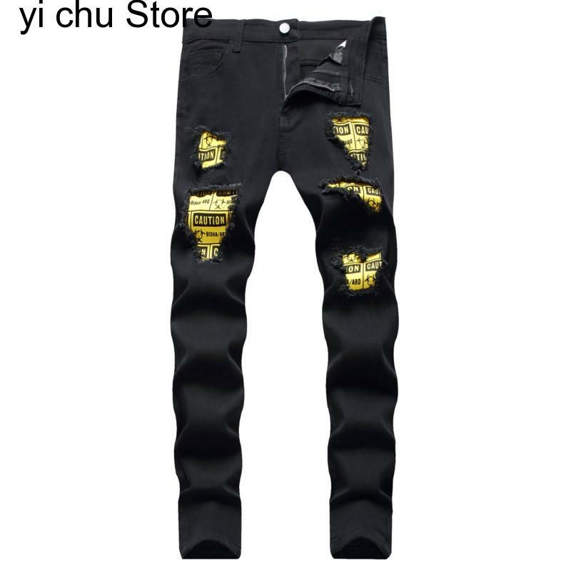 New Fashion Streetwear Style Ripped Skinny Jeans Men Denim Trouser Mens Casual Slim Fit Jogging Pencil Yellow Patch Denim Jeans