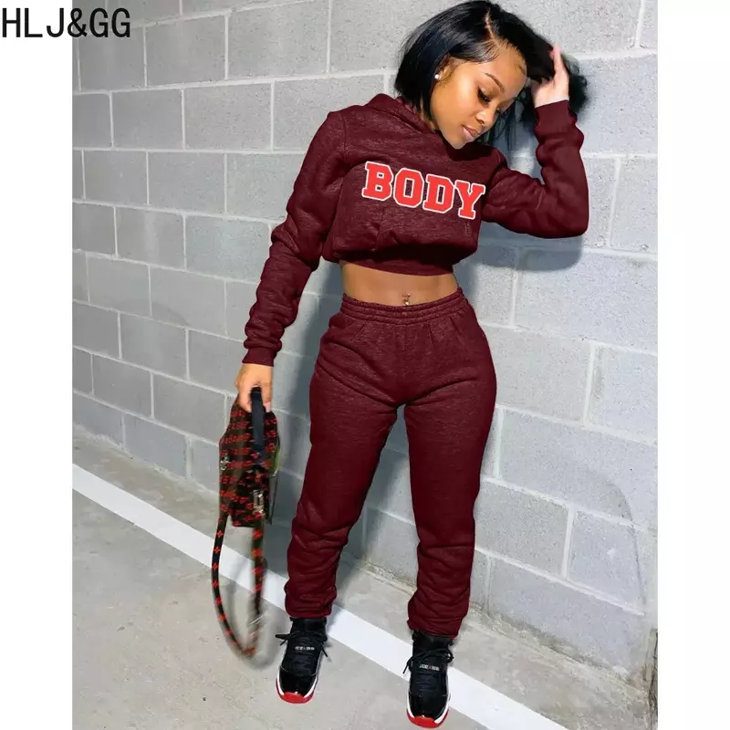 HLJ Autumn Casual Letter Print Hooded Two Piece Sets Women Long Sleeve Crop Top And Jogger Pants Tracksuits Female 2pcs Outfits