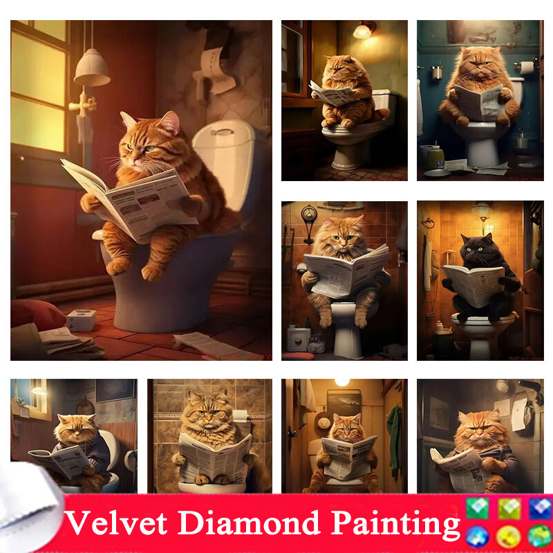 5D Pintura Diamante para Wall Decor, Big Cat, WC, Leitura de Jornais, DIY Full Mosaic Arts, Rhinestone Bordado Imagem, Animais Wall Decor, Y984