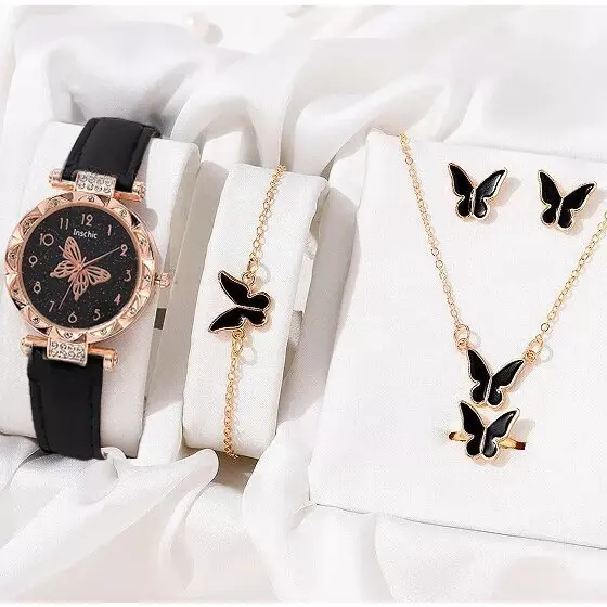 Reloj de cuarzo con correa de cuero negro para mujer, conjunto de 5 piezas, joyería a la moda, relojes de pulsera