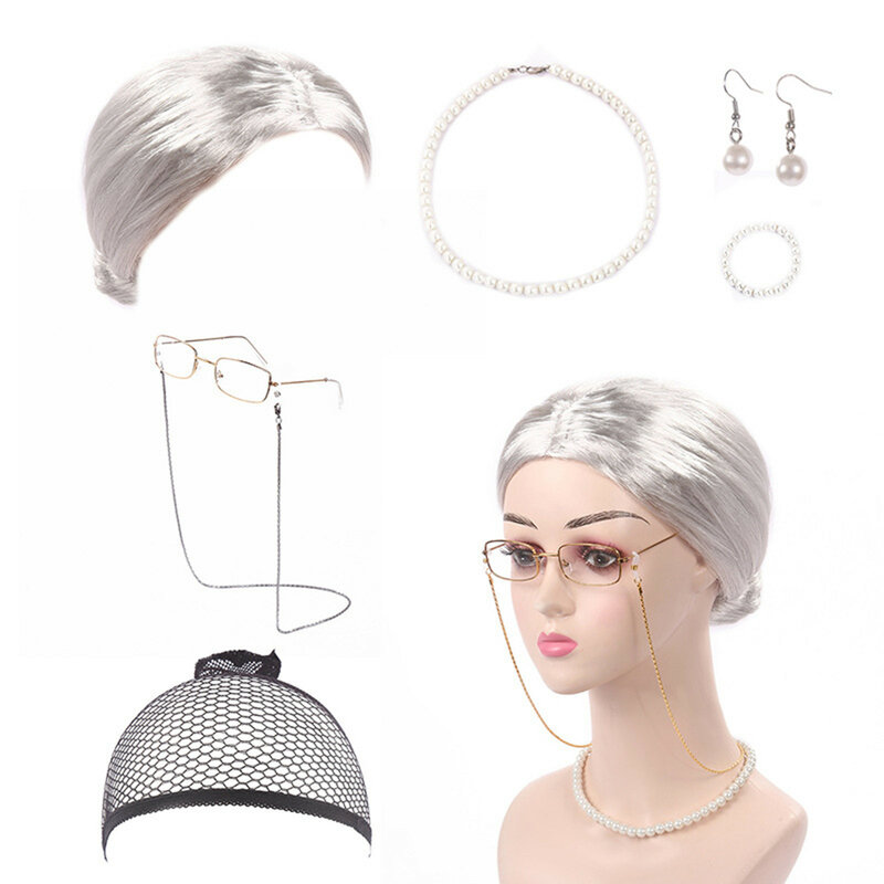 نظارات بإطار قصب قابل للنفخ مع سلسلة ، شعر مستعار للجدة ، شال الجدة ، اللؤلؤ الاصطناعي ، قلادة ، سوار ، أقراط