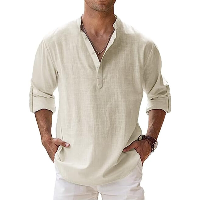 Nowe bawełniane lniane koszule męskie koszule na co dzień lekkie z długim rękawem Henley koszule plażowe hawajskie T-shirty dla mężczyzn