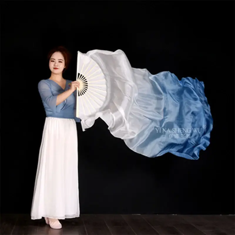 100% Silk Dance Fan Gray Blue White Gradient Fan Children Adult Classical Dance Props Silk Fan Belly Dance 1Piece Right Hand