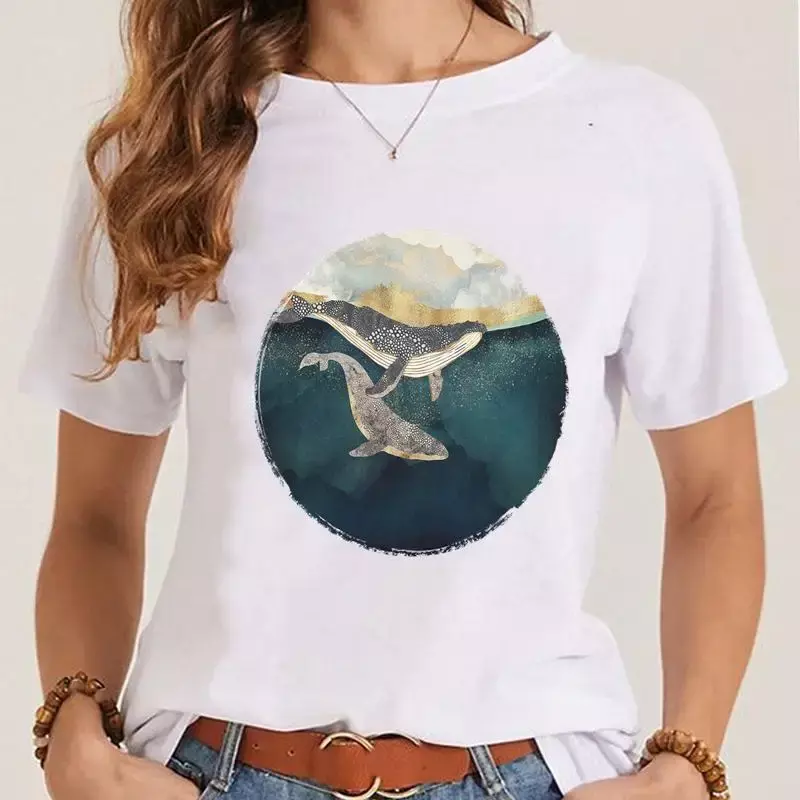 تي شيرت نسائي بأكمام قصيرة بتصميم كرتوني ، تصميم حيوانات الشاطئ والبحر ، ملابس أنيقة لطيفة ، الصيف