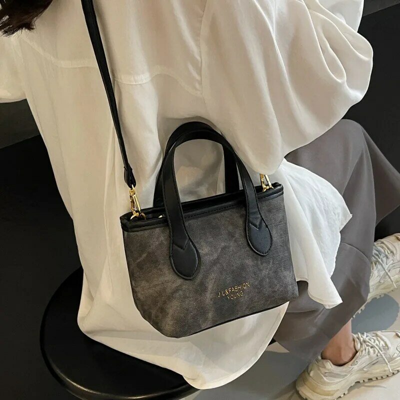 Tas wanita model baru 2024 tas bahu Patchwork kulit PU + tas tangan Denim tas selempang persegi kecil wanita tas tangan Harian Wanita