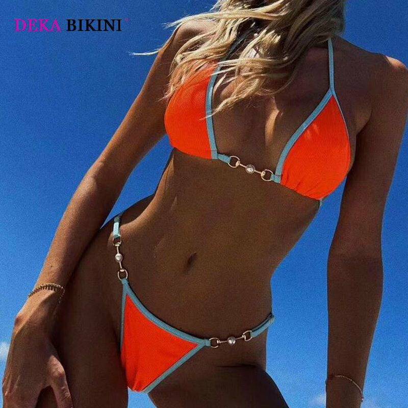 DEKA Women Brazilian Ribbed Micro Bikini Set Push Up Patckwork Thong Swimsuit High Cut Swimwear Bathing Suit Female Bather