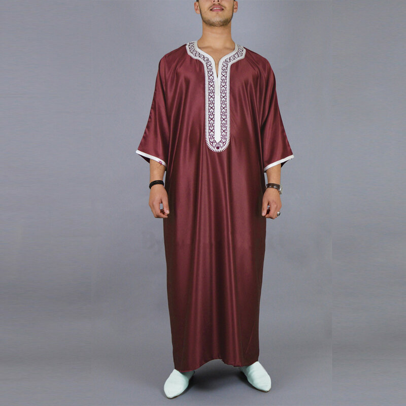 Męska średnia suknia letnia z krótkim rękawem haftowana ciemno czerwony luźna oddychająca muzułmańska szata suknia w stylu bliskiego wschodu arabska Dubai