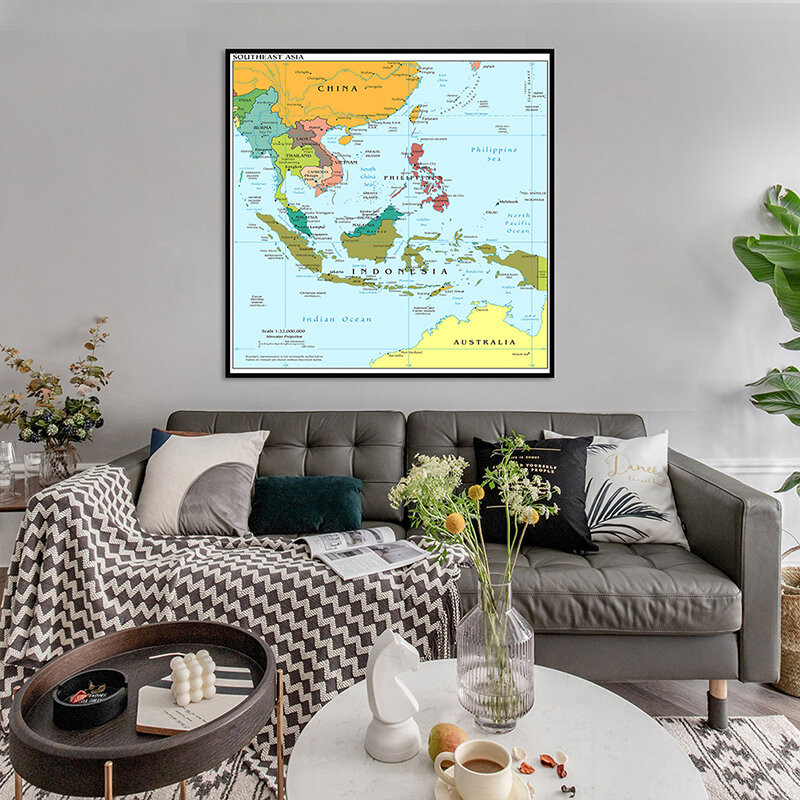 Póster decorativo de pared con mapa del sudeste asiático, lienzo no tejido, sin marco, para decoración del hogar y la sala de estar, 60x60cm