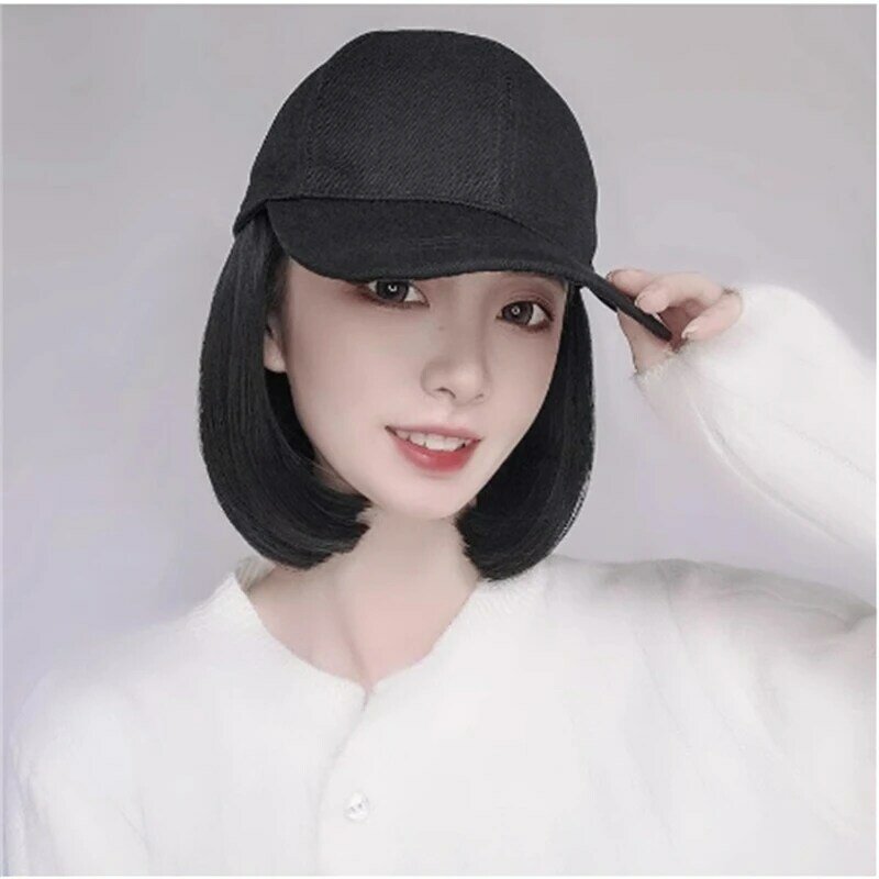 Baseball Hat Cap Wig With Bob Straight Short Hair Wigs Hat Attached Short Hair Cap Wig