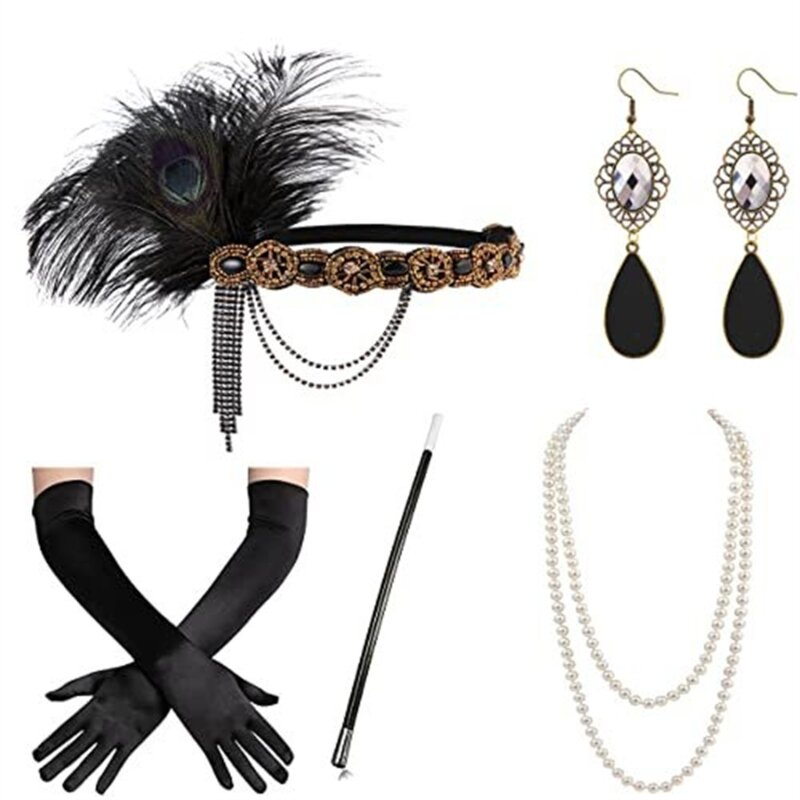 Vintage Flapper kostium 1920s kobiety great-gatsby stroik satynowe rękawiczki kolczyki naszyjnik Prom akcesoria imprezowe zestaw