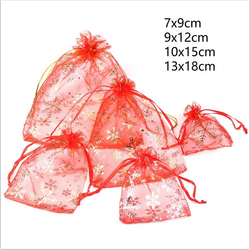 50 pz/lotto borse per gioielli di varie dimensioni sacchetti con coulisse in Organza con motivo a fiocco di neve bianco rosso all'ingrosso