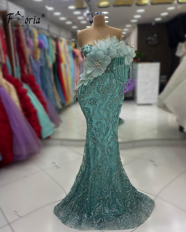 Gaun malam Formal putri duyung bunga payet berkilau gaun pesta pernikahan hijau Mint bahu tunggal Dubai jubah gaun pesta