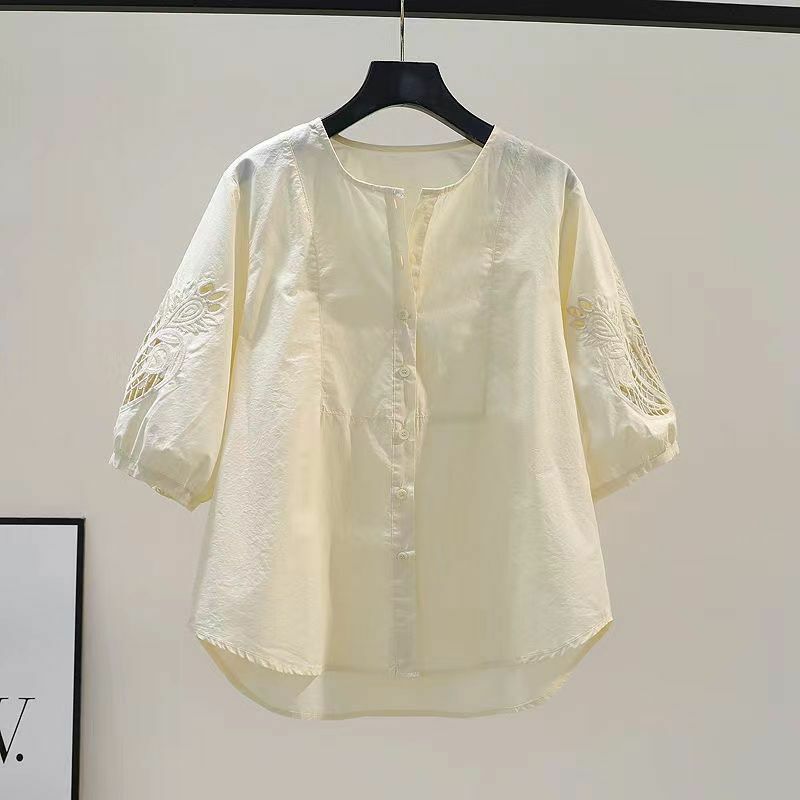 Light Yellow Hollowed Out Embroidered Half Sleeved Pure Cotton Shirt for Women's Summer New Loose Slimming Natural Comfort Top