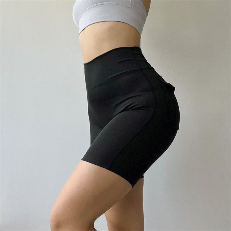 Celana pendek Fitness pantat persik wanita, celana tiga perempat latihan Yoga saku kering udara angkat ketat musim panas Q263