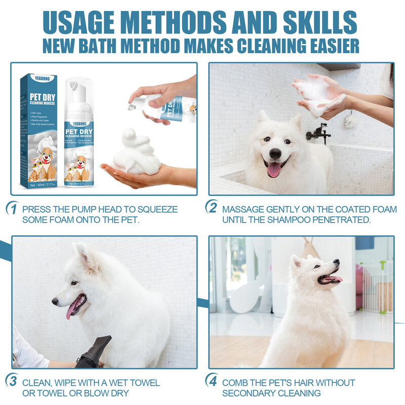 Shampoo secco per gatti senza risciacquo cani gatti Mousse per la pulizia Shampoo per animali domestici senza risciacquo pulizia senza bagno rimozione degli odori per un odore fresco