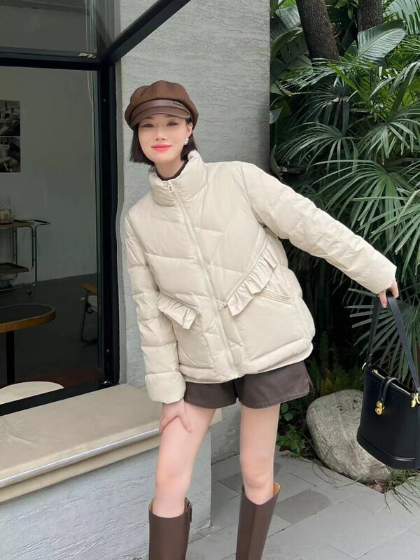 Frauen weiße Enten Daunen jacke Winter lässig Stehkragen Spleißen Holz Ohr kanten Kurz mantel Mode koreanischen Stil neu
