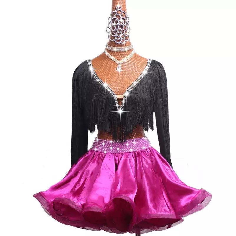Frauen Latin Dance Dress Wettbewerb Kostüme Performance-Kleidung Kinder schwarz V-Ausschnitt Langarm Quaste Fischgräten rock