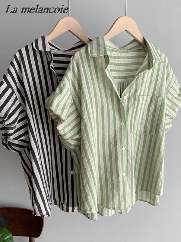 Camisa listrada para as mulheres, nova moda, algodão, gola redonda, manga de ombro, simples, blusa solta botão, verão, 2024