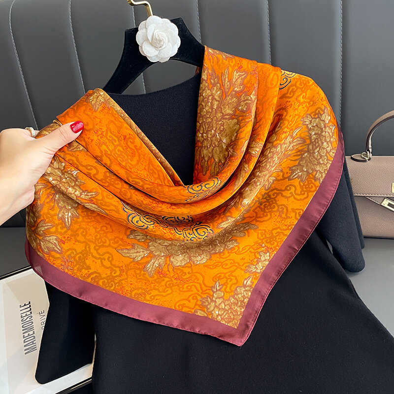Nuova Bandana arancione 90CM grande sciarpa quadrata sensazione di seta fazzoletto da collo stampe fronte-retro mantella scialle di seta moda donna