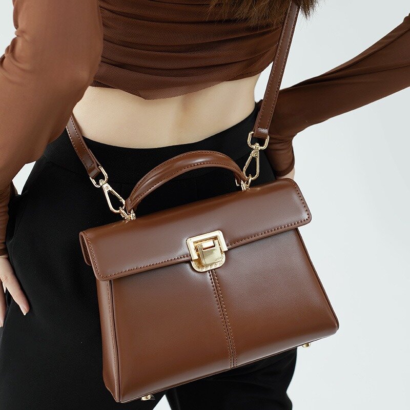 Bolso de mensajero Retro para mujer, bolso elegante de cuero genuino con asa superior, bolso de hombro Simple, bolso de mano para mujer