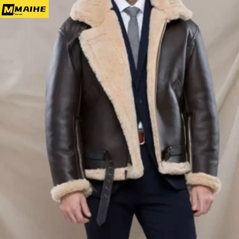 Chaqueta Bomber clásica de piel sintética para hombre, abrigo de piel de oveja, color marrón y negro, talla grande, Invierno