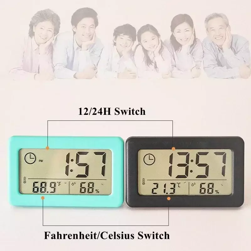 温度計と湿度計を備えたミニデジタルアラーム時計,バッテリー駆動のアラーム,ポータブルデスク