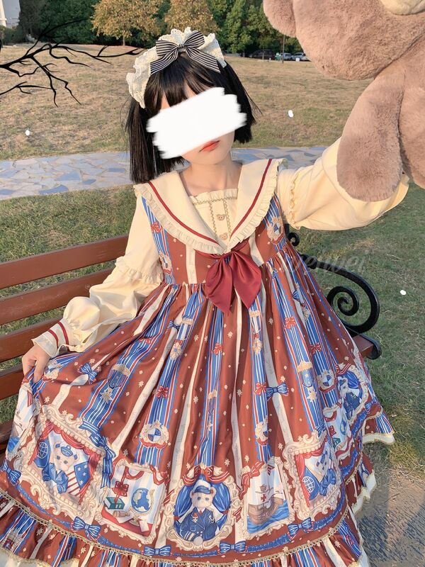 Vestido Lolita Kawaii OP de manga larga, estampado de oso marino de dibujos animados, Mini vestido de fiesta, dulce, suelto, con volantes y lazo, otoño