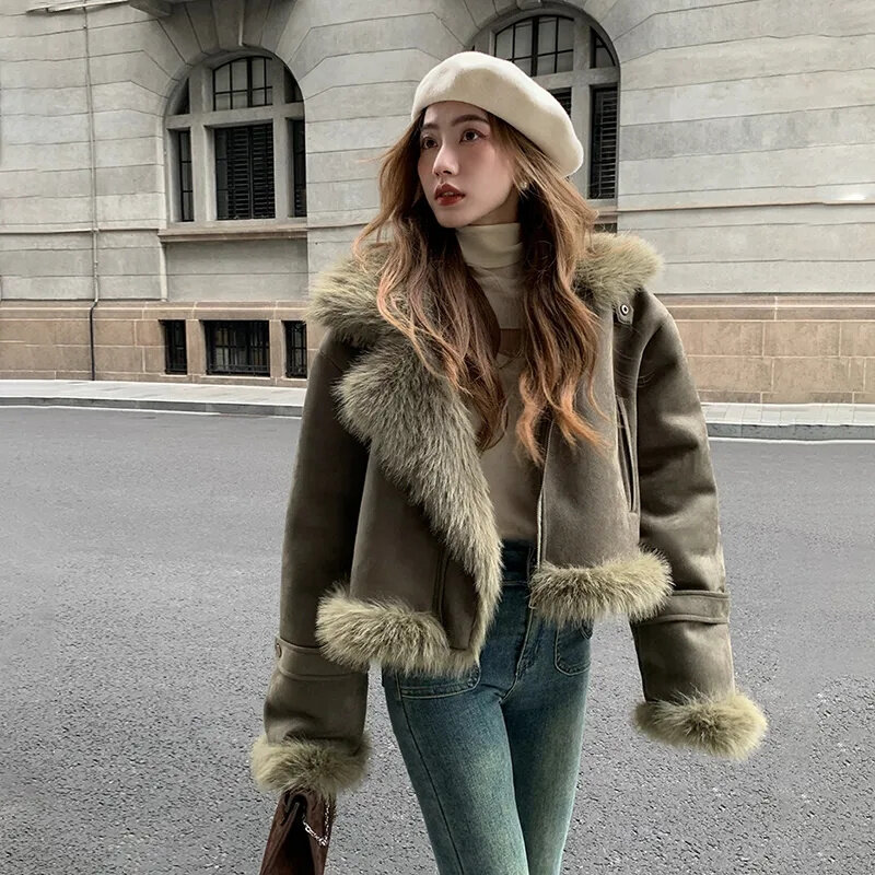 Autumn And Winter Loose Fur Coat Suede Short Fashion Beautiful Motorcycle Suit Female Slim Korean Casual Leather Jacket Outcoat
