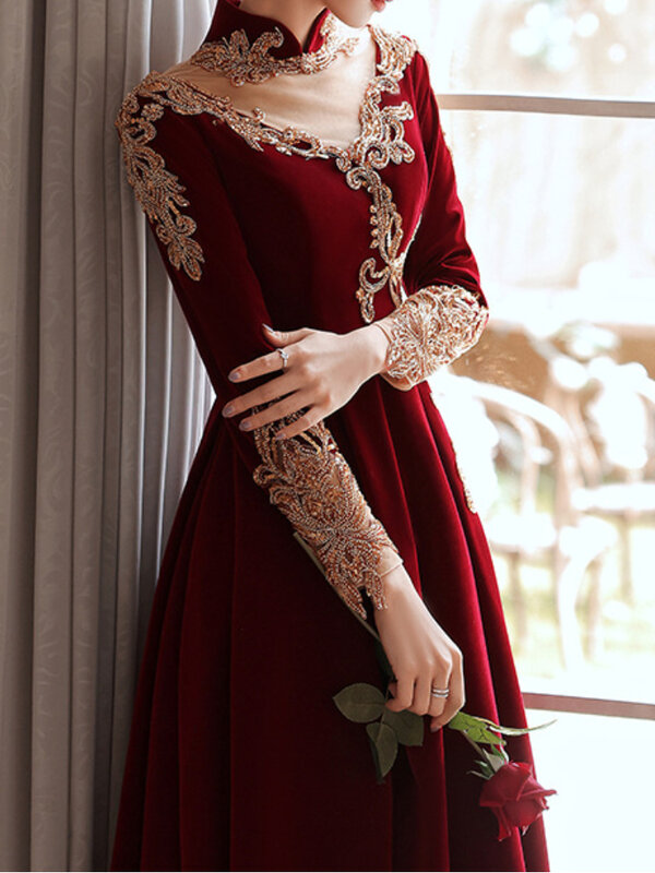 Модное китайское бархатное кружевное платье для свадебной вечеринки, изысканное платье с блестками и цветочной аппликацией, платье с воротником-стойкой, облегающее платье