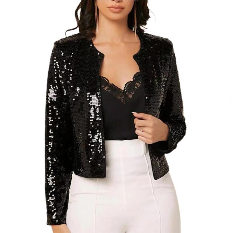 Lady Jacket  Long Sleeves   Party Blazer Open Front Glitter Cropped Blazer
